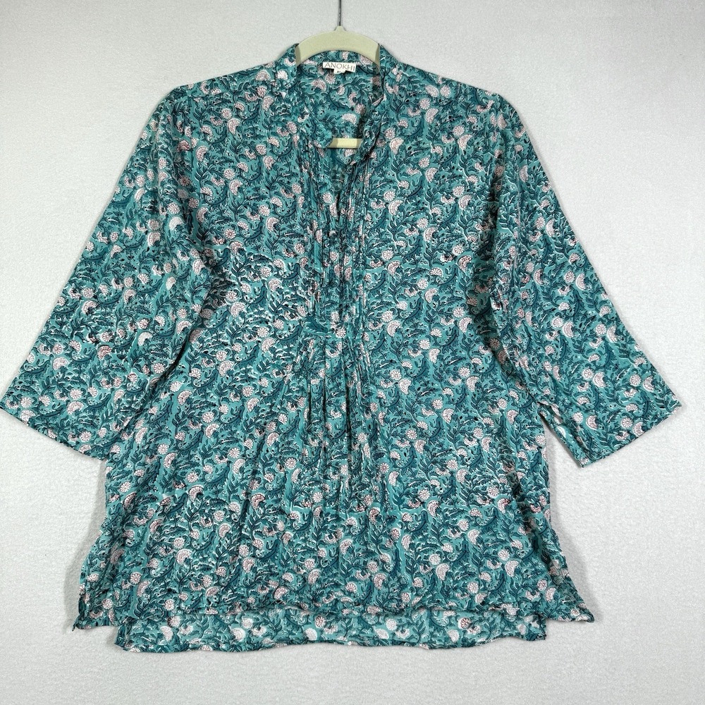 Anokhi Top Women Medium Floral Popover Blouse Pintuck Botanical Lightweight Boho